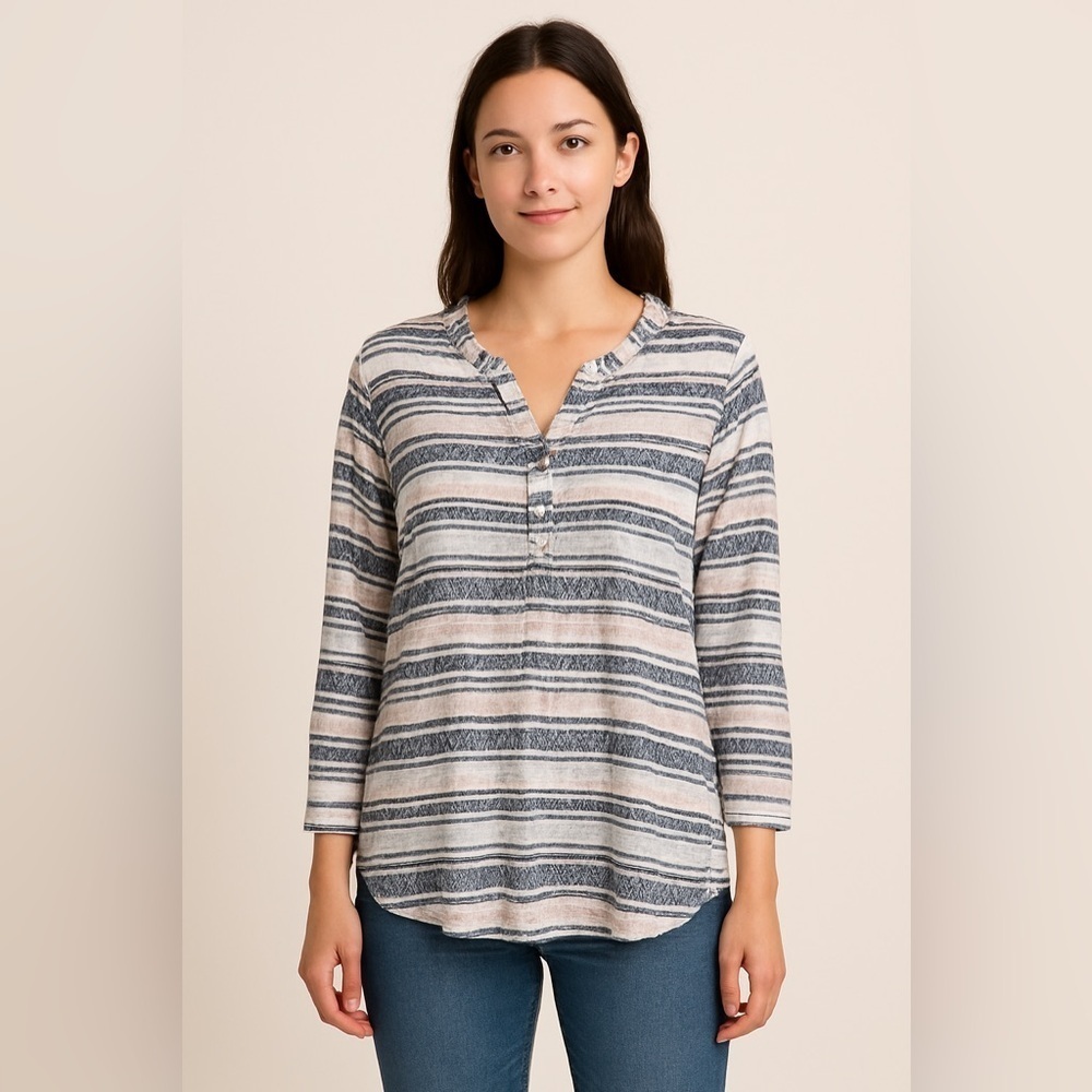 Columbia Women’s Striped Henley Tunic Blouse M Navy Pink Nautical Preppy Boho